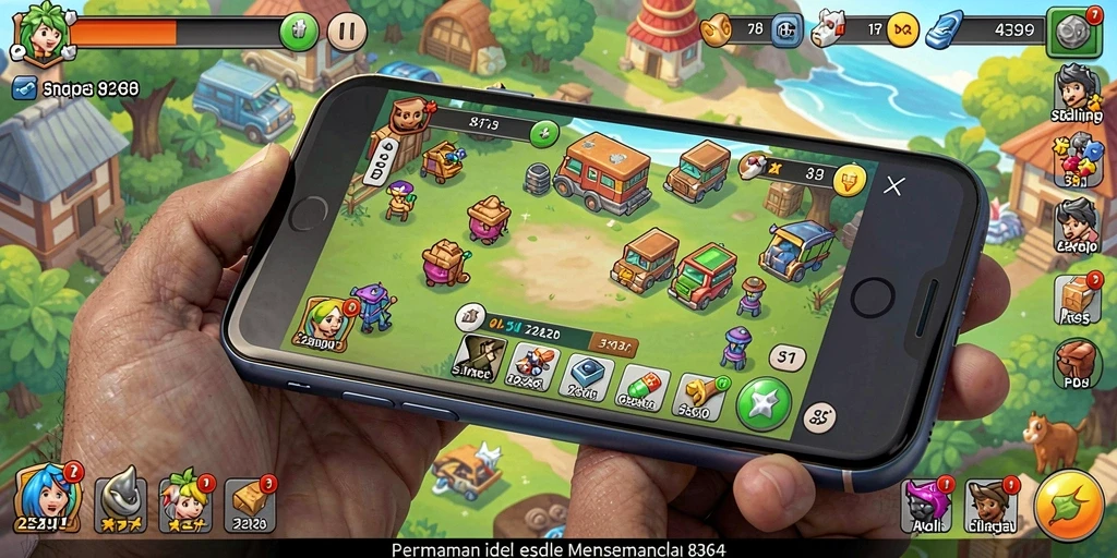 Screenshot gameplay menunjukkan karakter dan sumber daya dalam 8364.