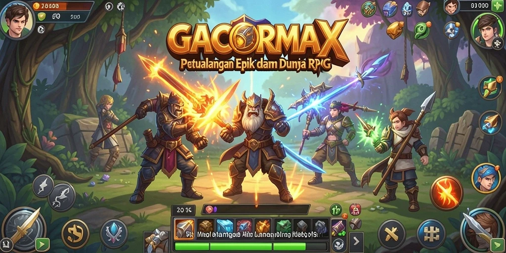 Tampilan dinamis dari gameplay RPG GACORMAX dengan pertarungan yang seru.