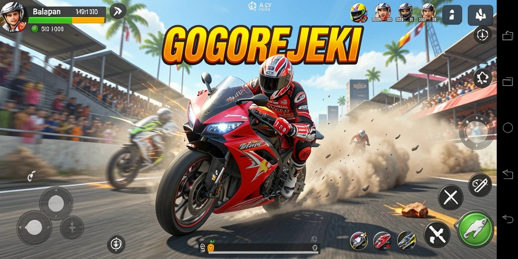 Tampilan gameplay GOGOREJEKI saat balapan motor di trek menantang.
