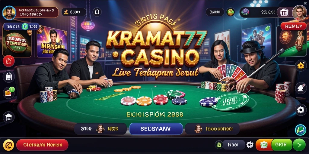 Screenshot dari gameplay KRAMAT77 yang menunjukkan dealer dan permainan langsung.