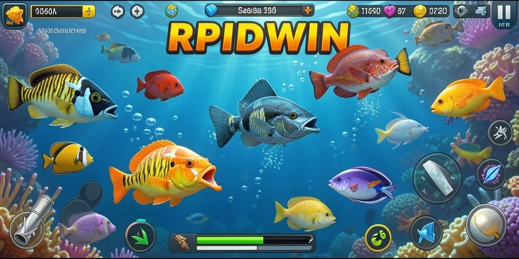 Screenshot gameplay RPIDWIN menampilkan aksi seru berburu ikan.