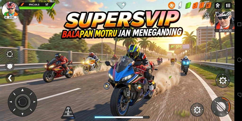 Screenshot gameplay SUPERSVIP menampilkan aksi balapan motor yang mendebarkan.