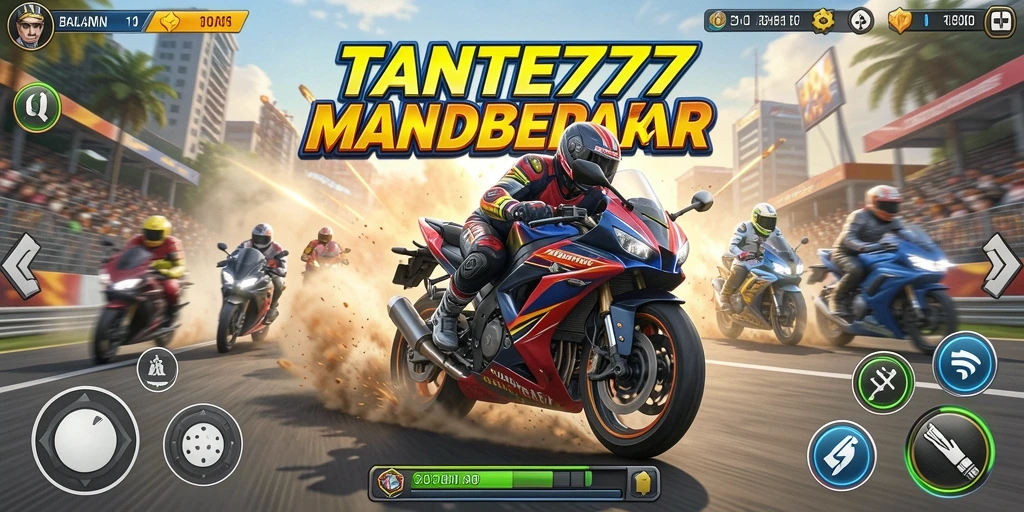 Tangkapan layar dari gameplay <strong>TANTE777</strong> yang menunjukkan aksi balapan motor yang mendebarkan.