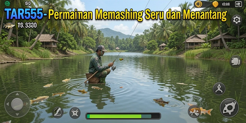 Screenshot utama TAR555 menampilkan gameplay memancing yang seru dengan latar belakang pemandangan indah.