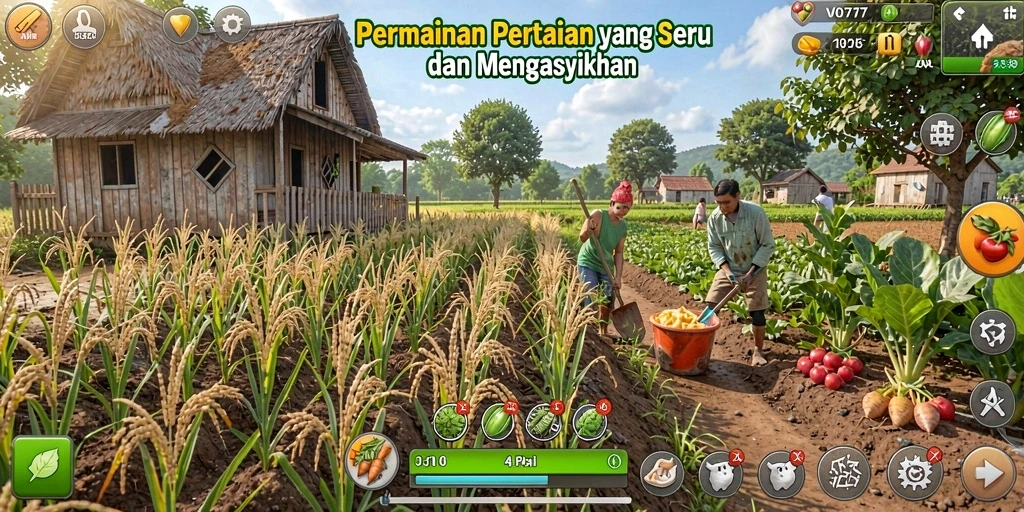 Screenshot gameplay VO777 menunjukkan aktivitas bertani yang menyenangkan.