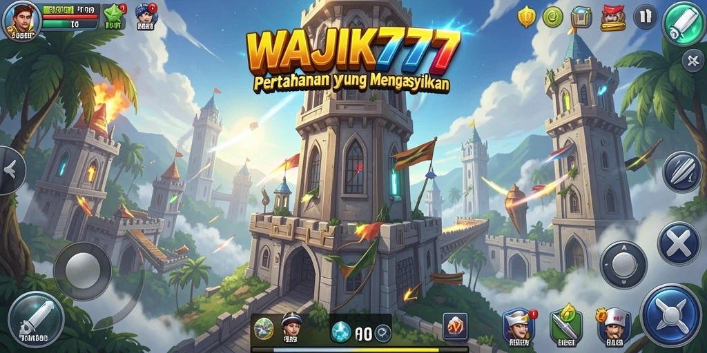 Tangkapan layar gameplay WAJIK777 yang menunjukkan pertahanan menara di medan perang.
